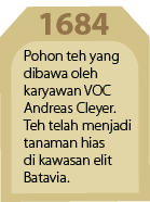 1684,Pohon teh yang dibawa oleh karyawan VOC Andreas Cleyer. Teh telah menjadi tanaman hias di kawasan elit Batavia.