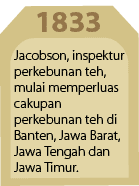 1833,Jacobson, inspektur perkebunan teh, mulai memperluas cakupan perkebunan teh di Banten, Jawa Barat, Jawa Tengah d...